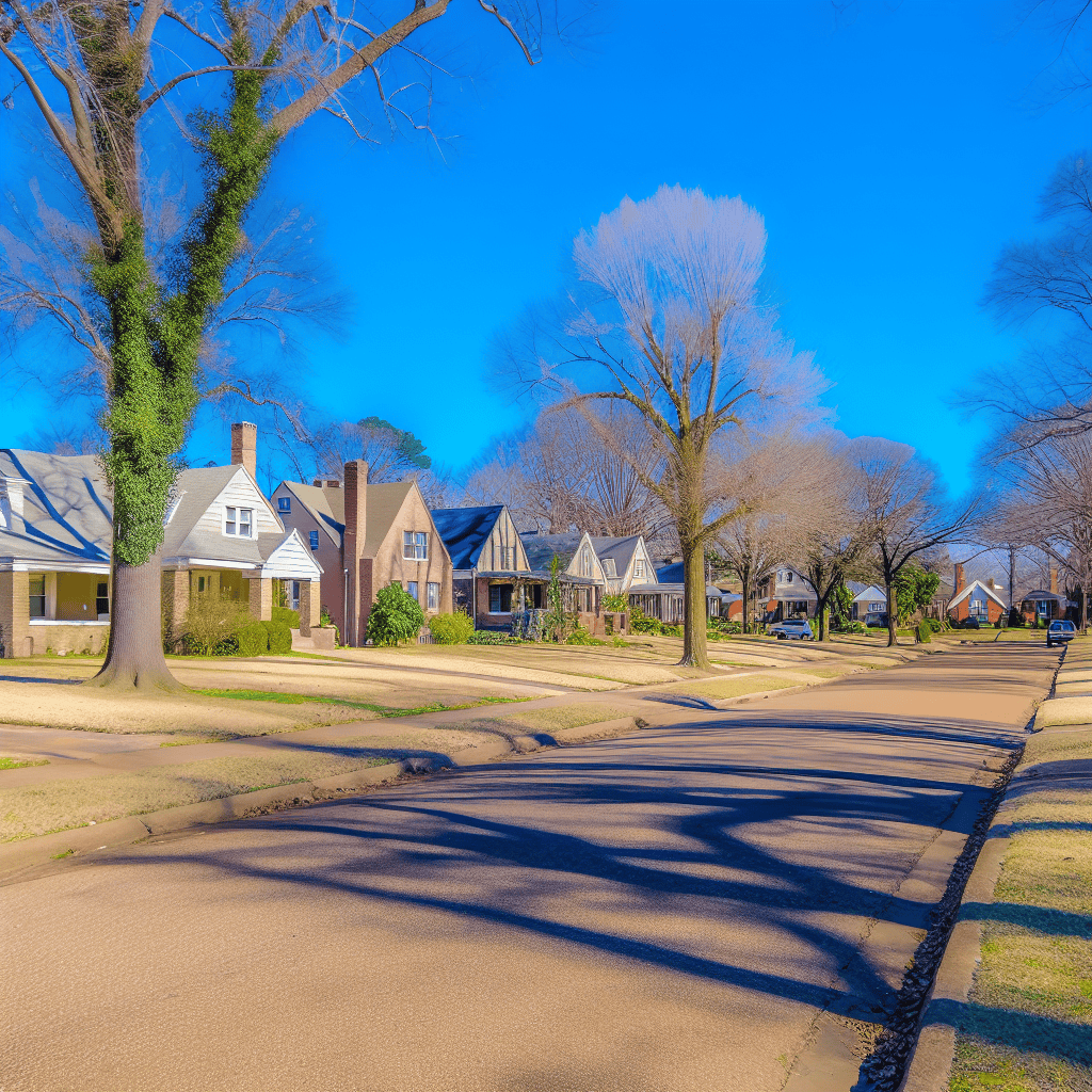 Residential neighborhood street in Memphis with trees and houses.