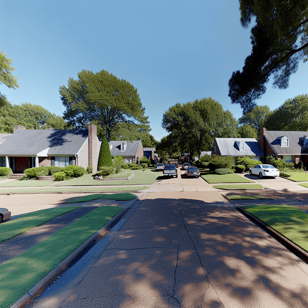 Richland Acres Memphis TN 814 9c849652bcb3skt2025 06 24T033A193A48Zske2025 06 25T033A193A48Zsksbskv2024 08 Drainage system and residential houses in Memphis TN neighborhood on a sunny day.