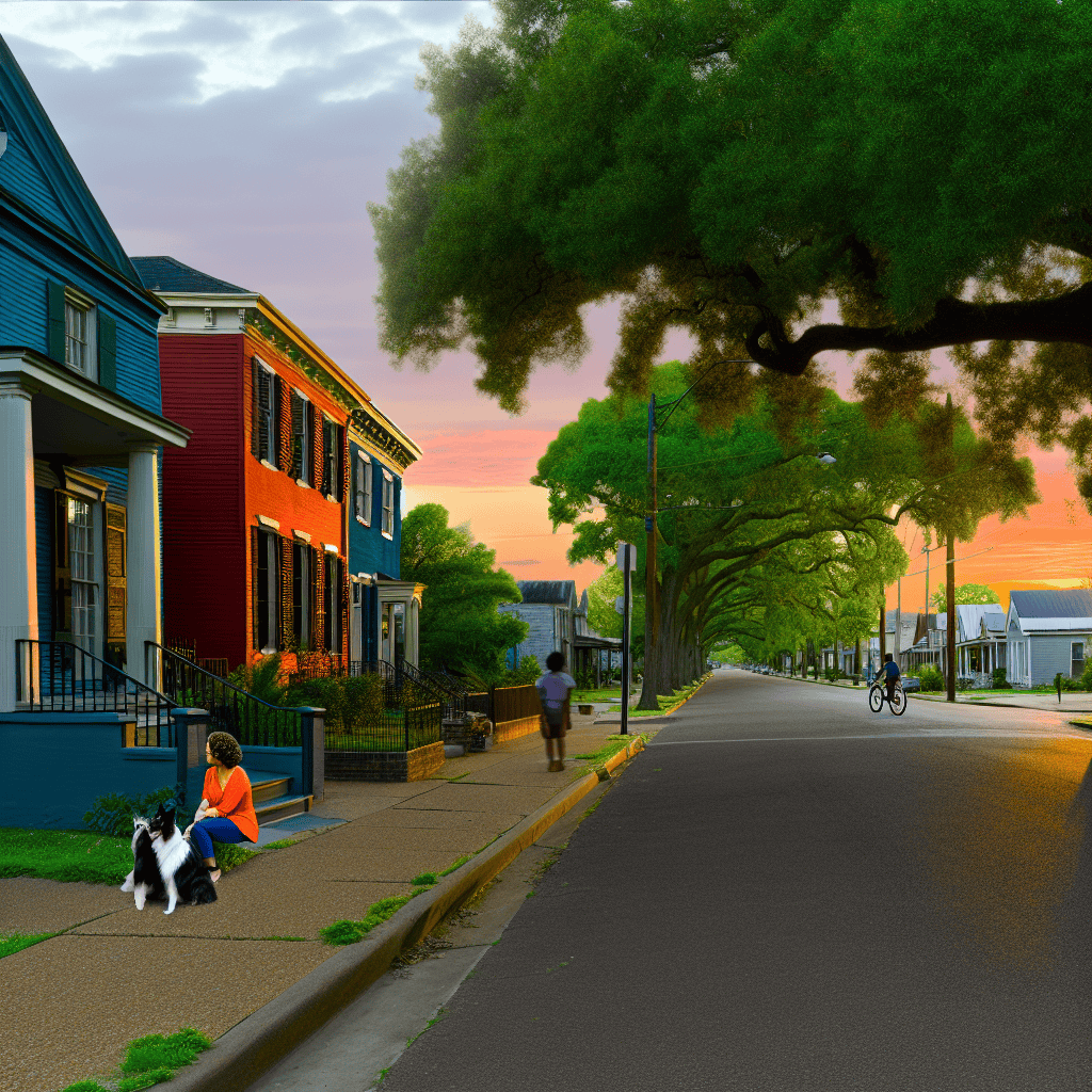 Charming Memphis neighborhood street with colorful houses and large trees at sunset.