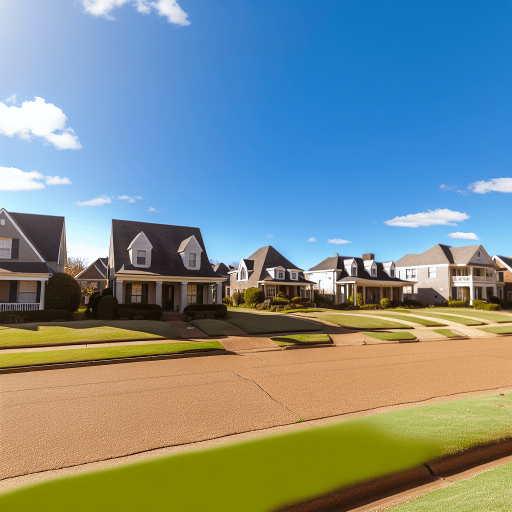Suburban neighborhood with houses and a clear blue sky in Memphis TN.
