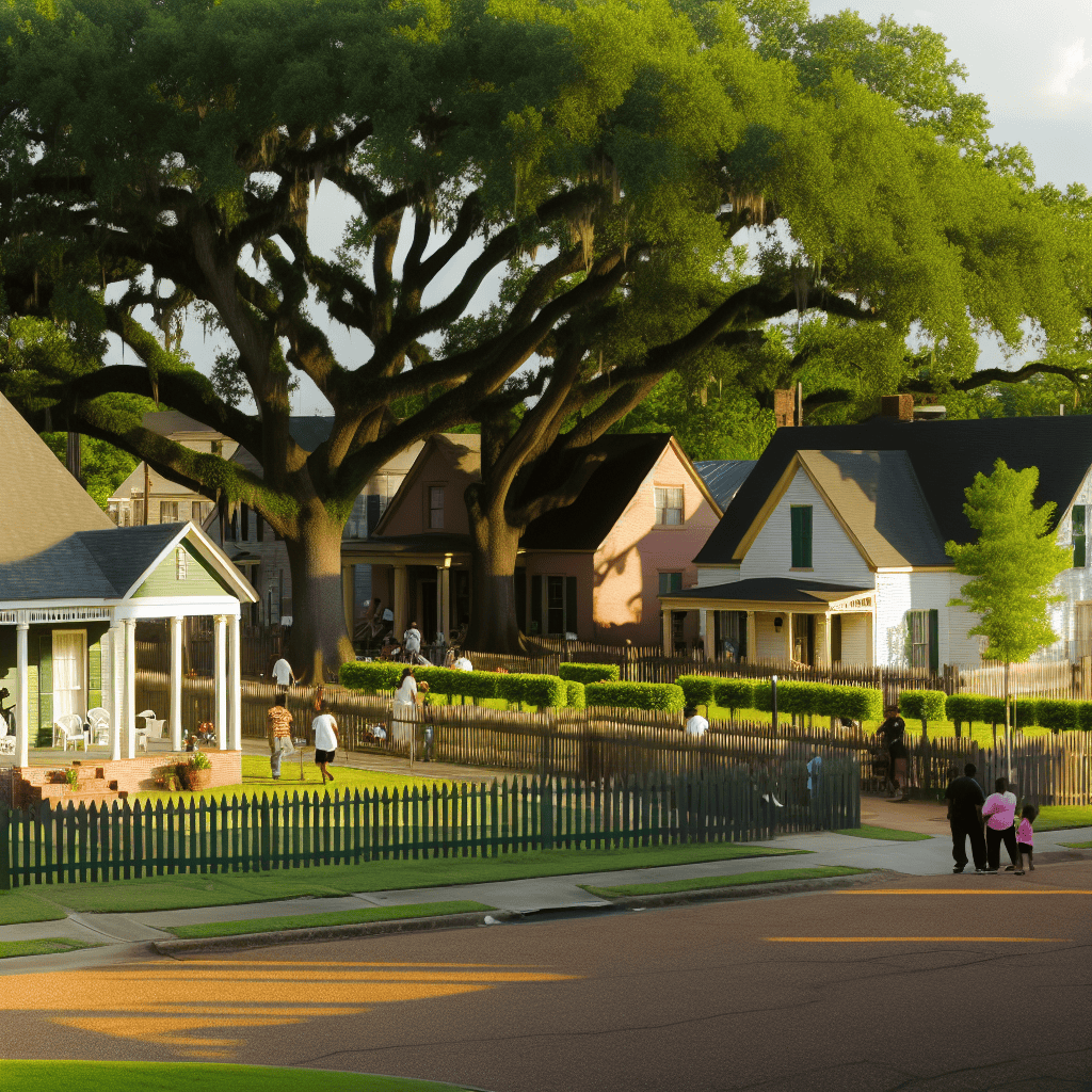 Historic neighborhood with large oak tree and charming houses in Memphis TN.