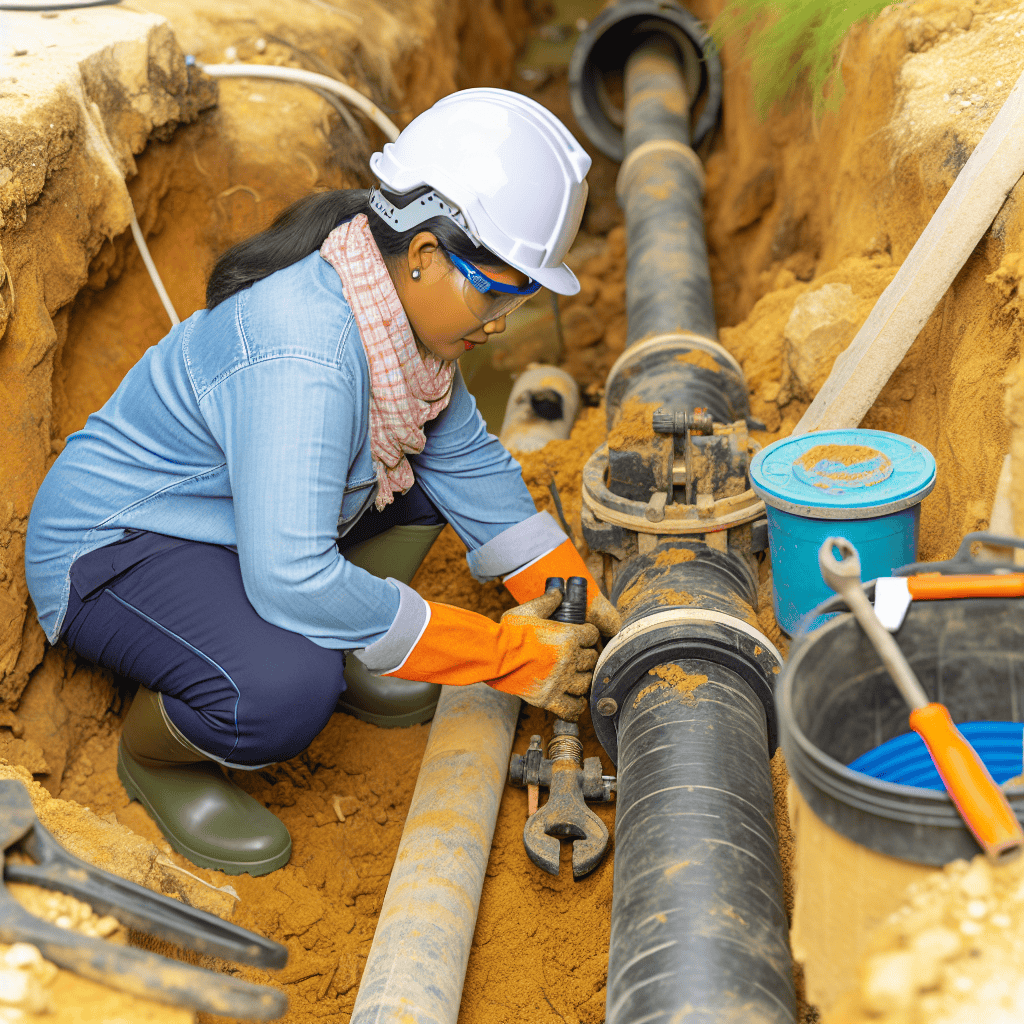Professional female plumber repairing underground water pipe in Memphis TN.